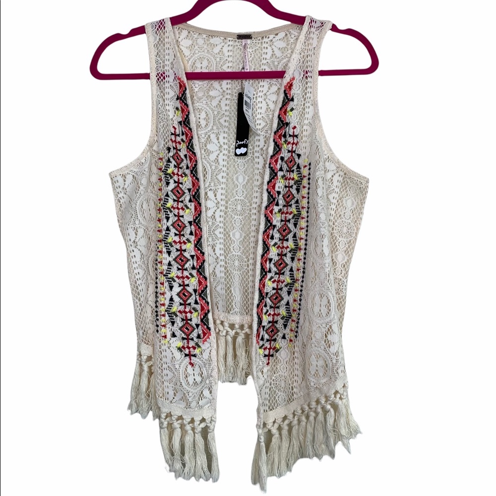 Poof Boho Fringe Embroidered Lace Open Vest NWT M